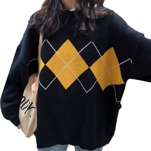 miss sumey argyle print black & gold sweater
